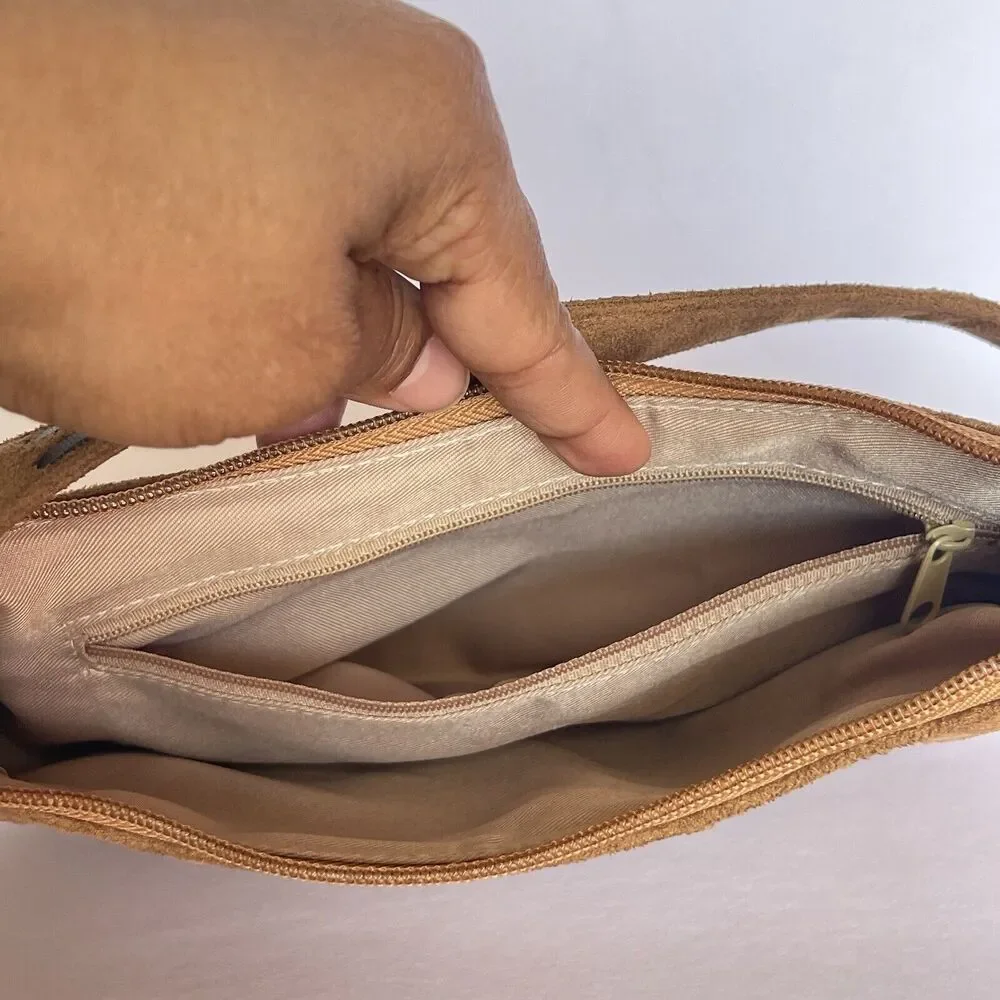 Women Sewn Edges Handbag Suede leather Brown Embroidery